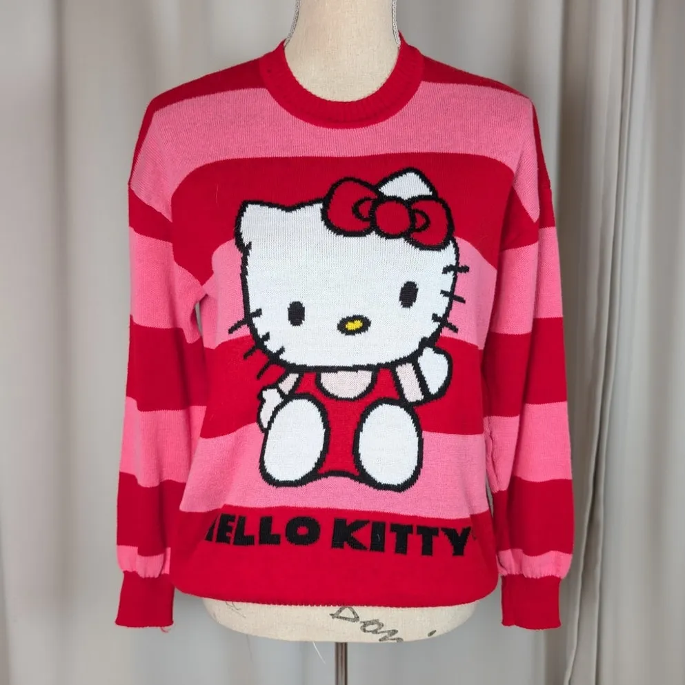 Hello Kitty Striped Long Sleeve Crew Neck Sweater by Sanrio Pink and Red Medium - Image 11