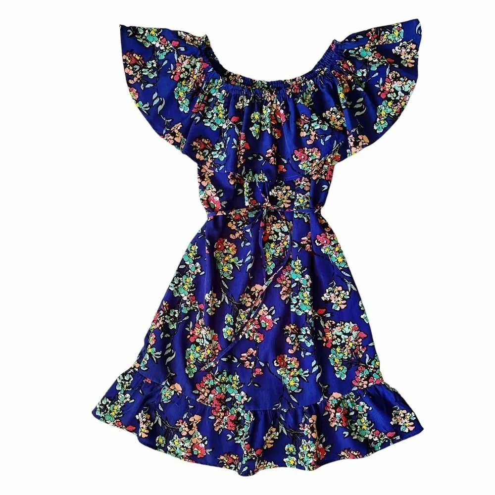 Merona lapis blue multicolor floral print ruffle sun dress with detachable sash - Image 6