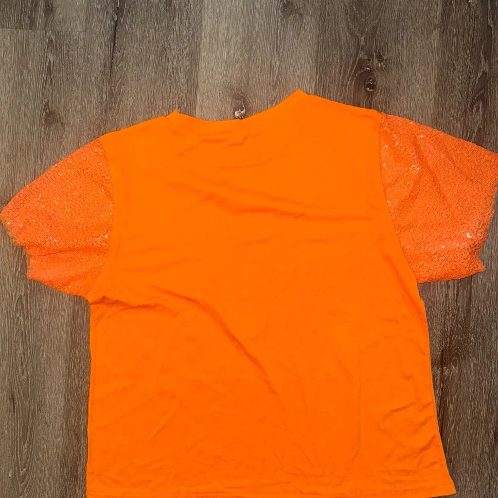 Vibrant Orange Sequin Sleeve Women's Tee - Image 5