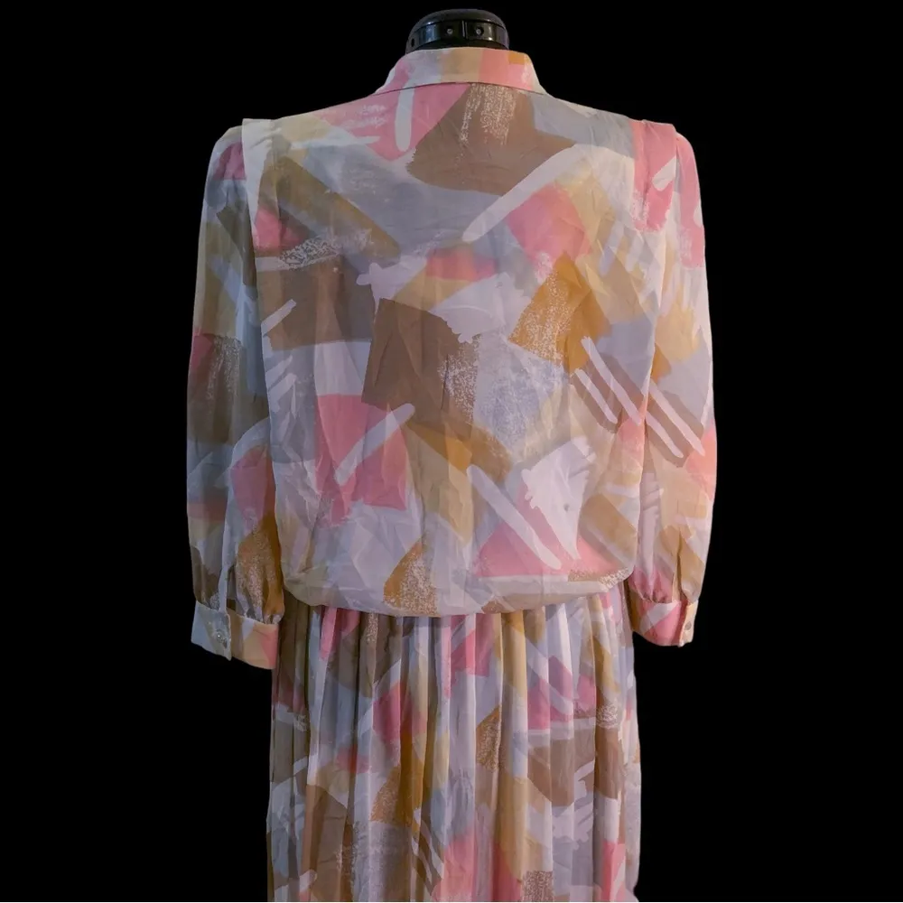 Vintage Leslie Fay White Pink Multicolor Abstract Print Collared Midi Dress - Image 11
