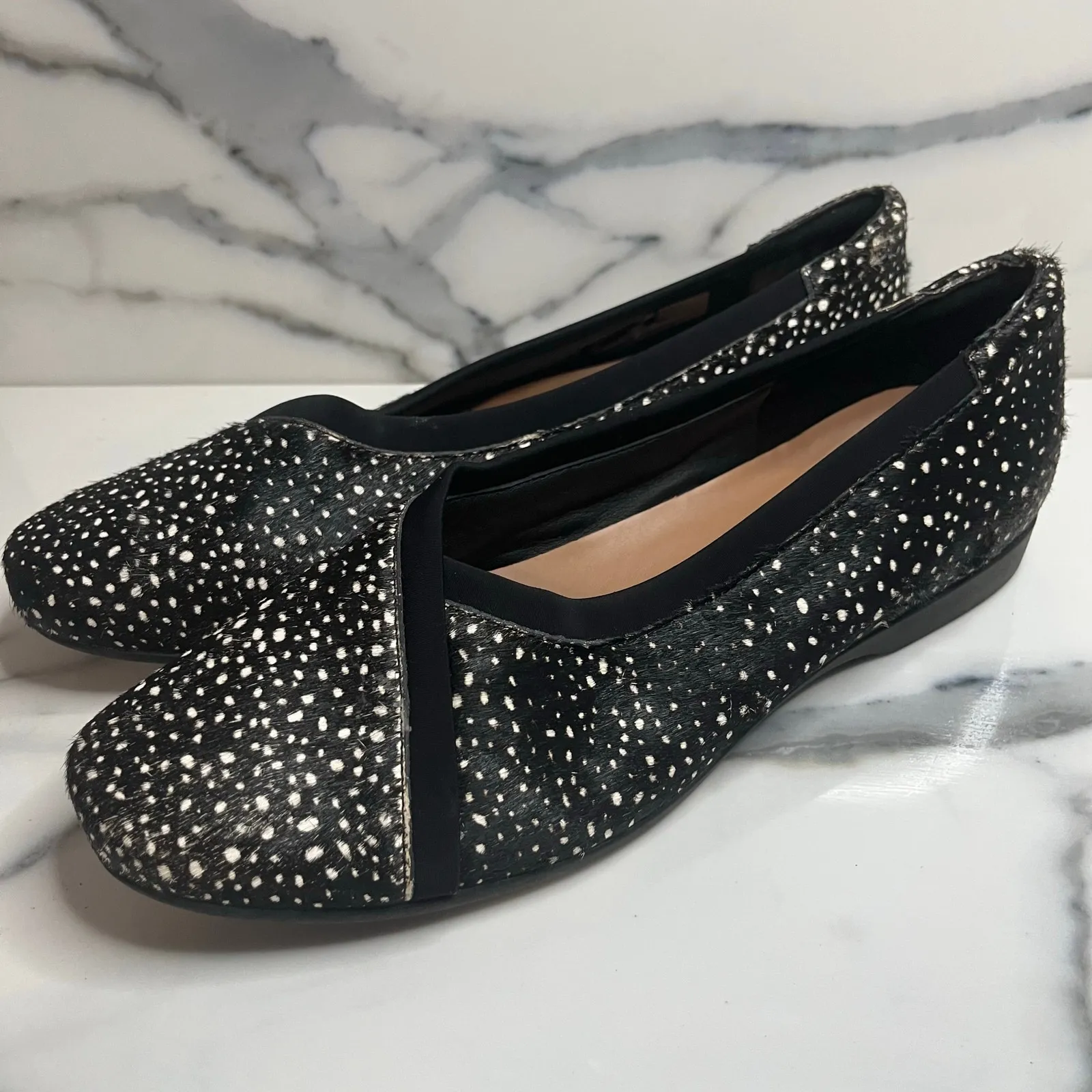 Clarks Women's Black White Cow Hair Leather Un Darcey Ease Ballet Shoes Sz 10 - Image 3