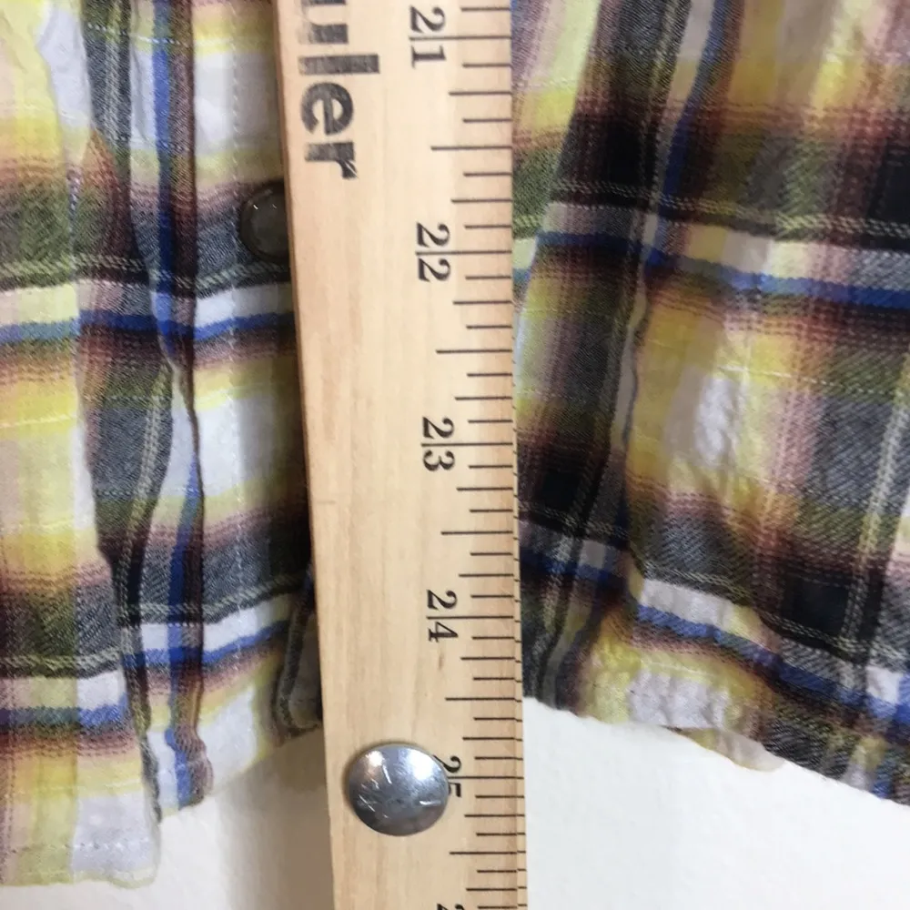 Free people ladies flannel plaid long sleeve button up shirt with crochet - Image 9