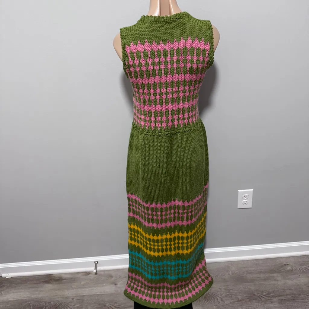 Handmade V Neck Mod Yard Knit Crochet Dress Maxi OOAK Green Stripe Pink Yellow Size undefined - Image 7