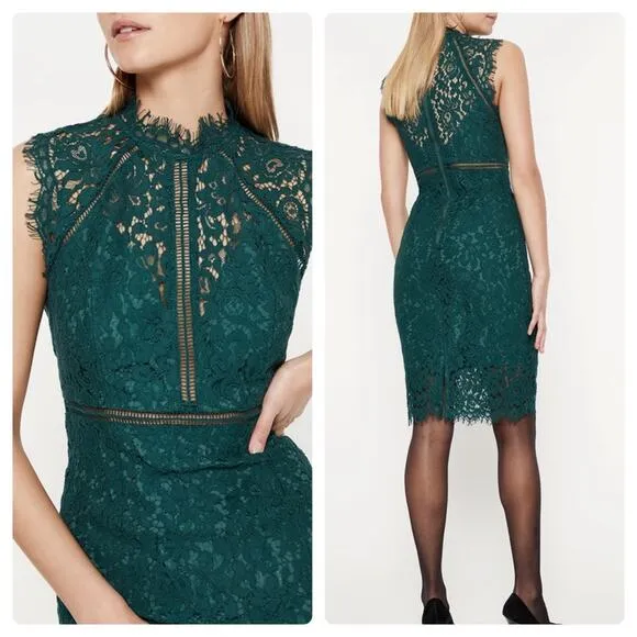 Bardot Lace Panel Sheath Dress Forest Green - Image 2