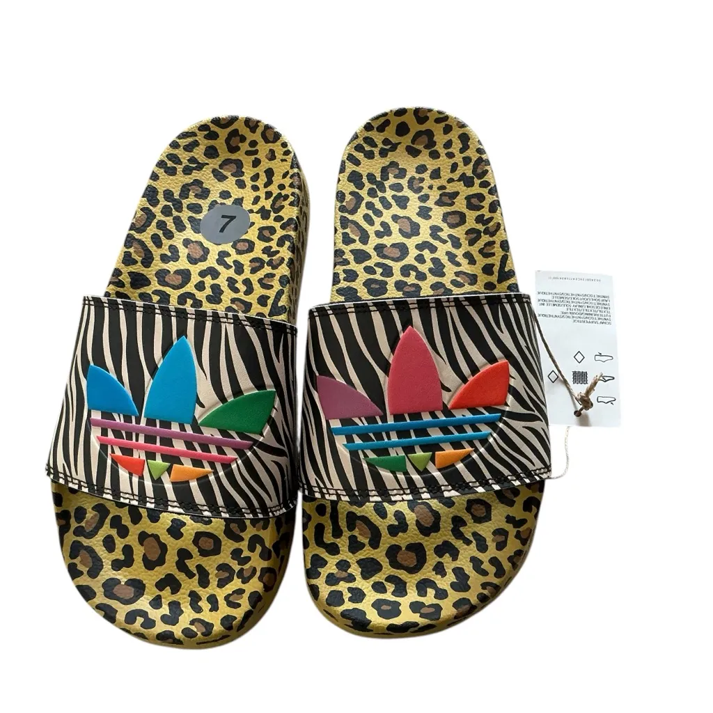 Adidas adilette original slides slip on sandals cheetah print rainbow Sz 7 - Image 2