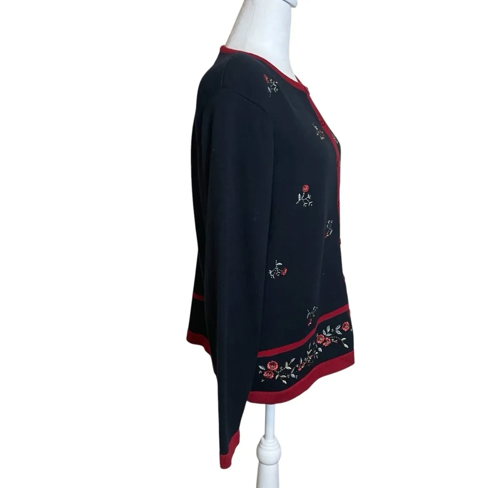 Alfred Dunner Black Red Floral Embroidered Button Front Cardigan Medium Grandma - Image 4
