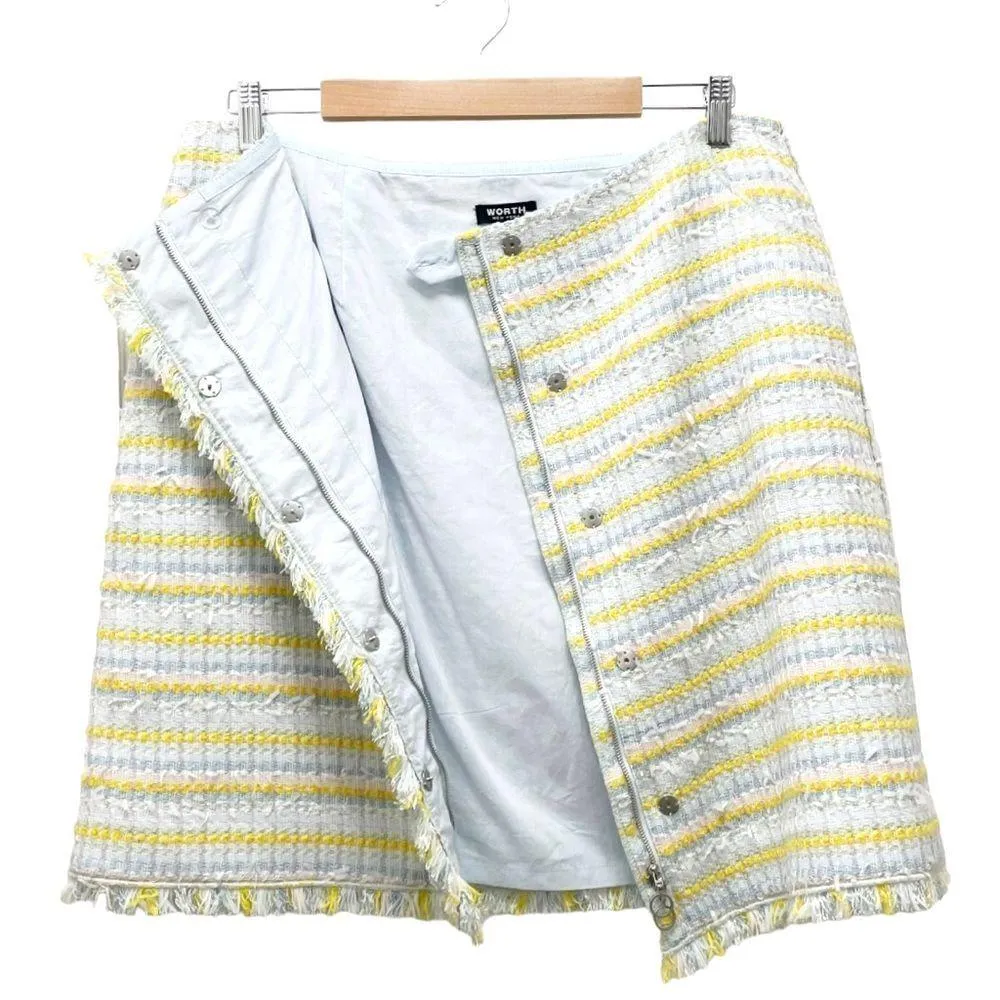 Worth NY Women's Tweed Skirt Size 12 Pale Blue White Butter Yellow Stripe Fringe - Image 6