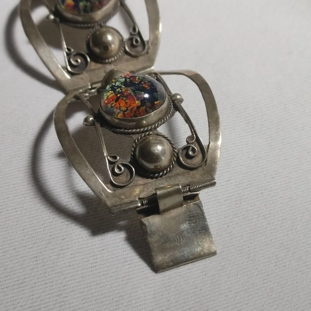 Iridescent Mexican Sterling Silver Bracelet Vintage Art Deco Style Hinge Panels - Image 9