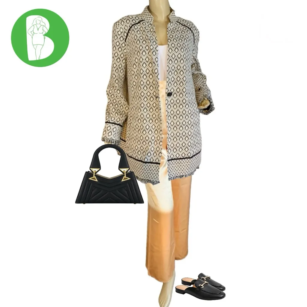 CHICO'S BLACK, CREAM & GOLD TAPESTRY MID LENGTH BLAZER (XL) - Image 2