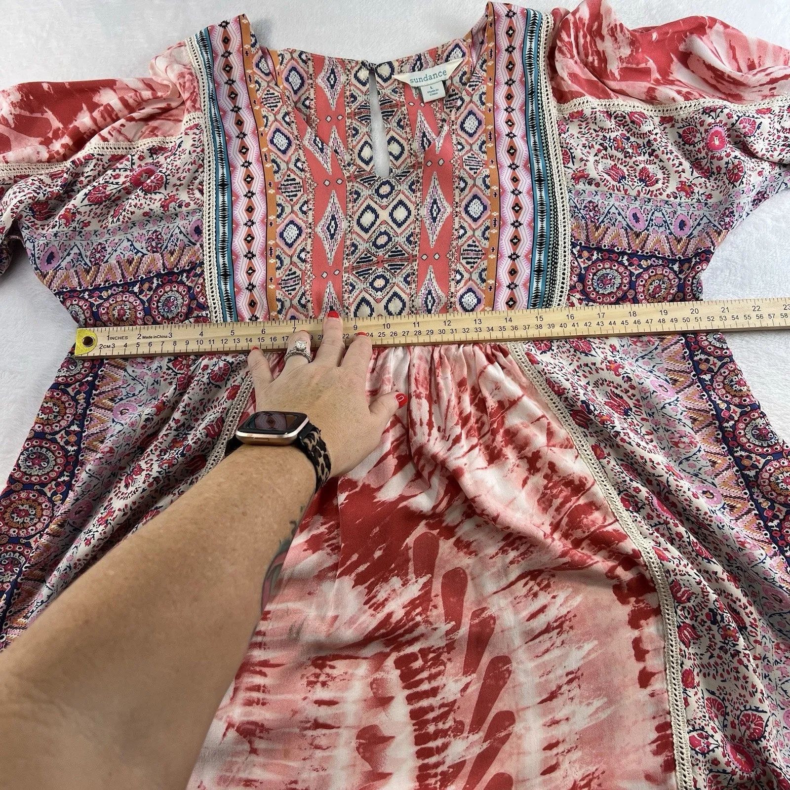 Sundance L Large Avignon Terraza Floral Dress Patchwork Bohemian Keyhole Boho Pink - Image 8