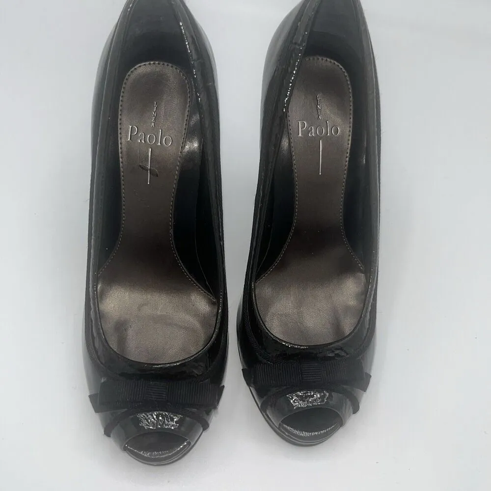 Linea Paolo Size 5 M Black Open Toe Patent Leather Bow Ribbon Accent Peep Toe - Image 2