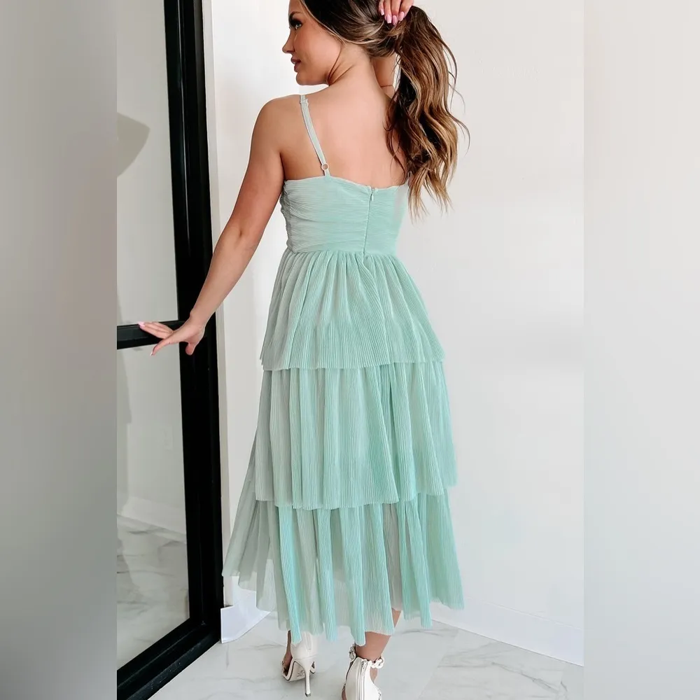 NWT Listicle Sparking Romance Pleated Tiered Midi Dress Mint Green Sea Foam - Image 3