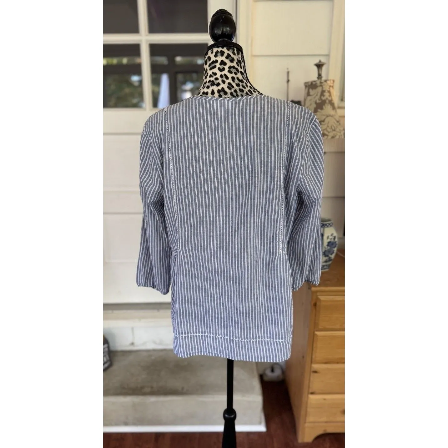 J. Jill Blouse Women’s M Blue Stripe Button Up Balloon Sleeve Top Tassel Cotton Size M - Image 4