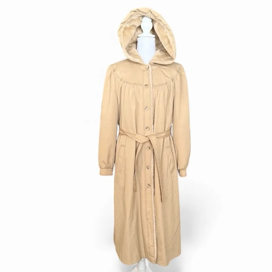 Unique Vintage Trench Coat Faux Fur Lined Hooded Belted USA S Small M Medium Tan - Image 3