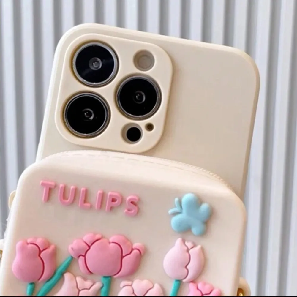 NWT iPhone 15 Plus Cream 3D Tulip Zip Pocket Crossbody Phone Case Purse - Image 6