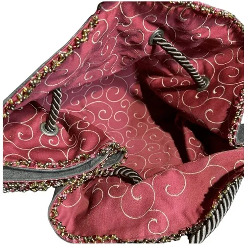 Designer Embossed Hobo Bag Chocolate Brown Rope Handle Embellished Beaded Detail - Image 9