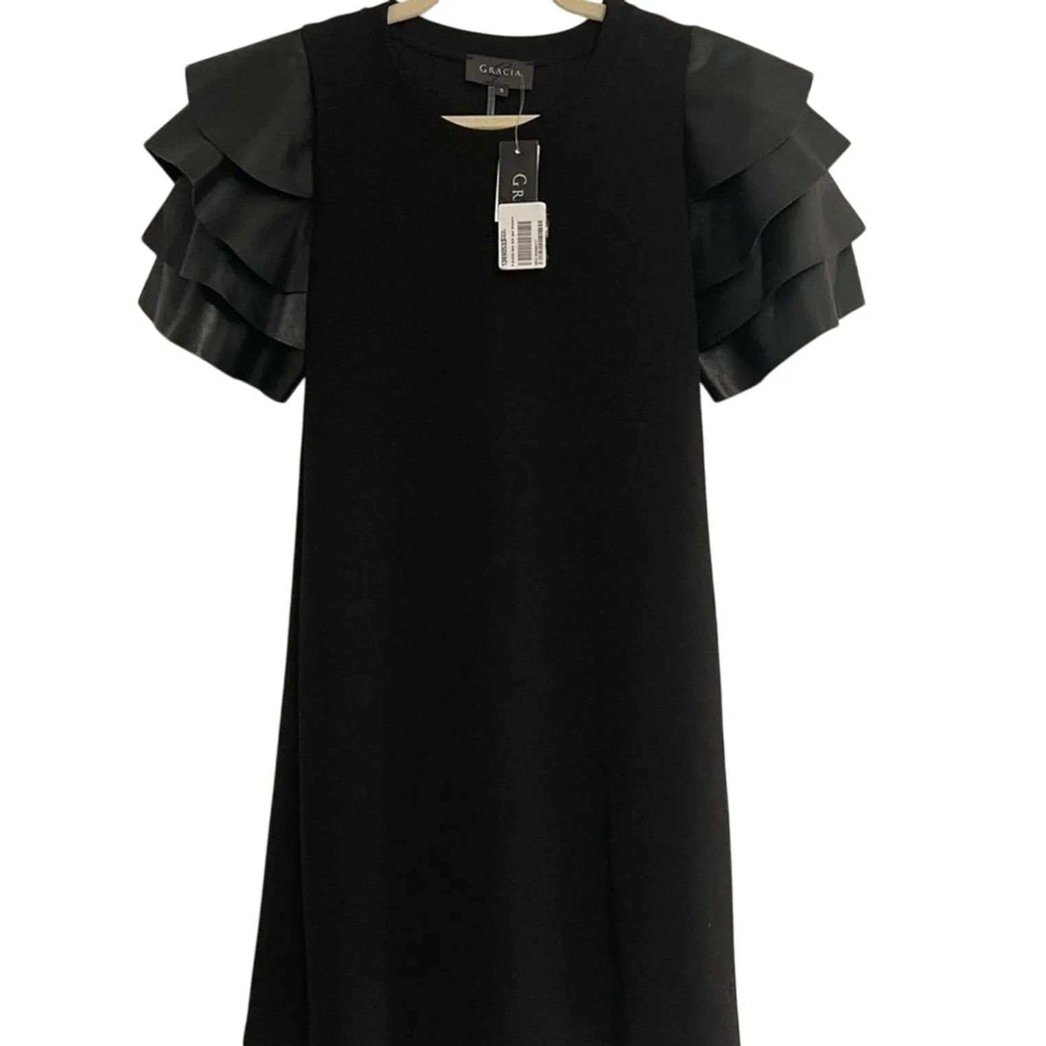 GARCIA Ruffles Pleather Tiered Short Sleeve Dress Size M New w/ Tag MSRP $114 Black Size M - Image 6