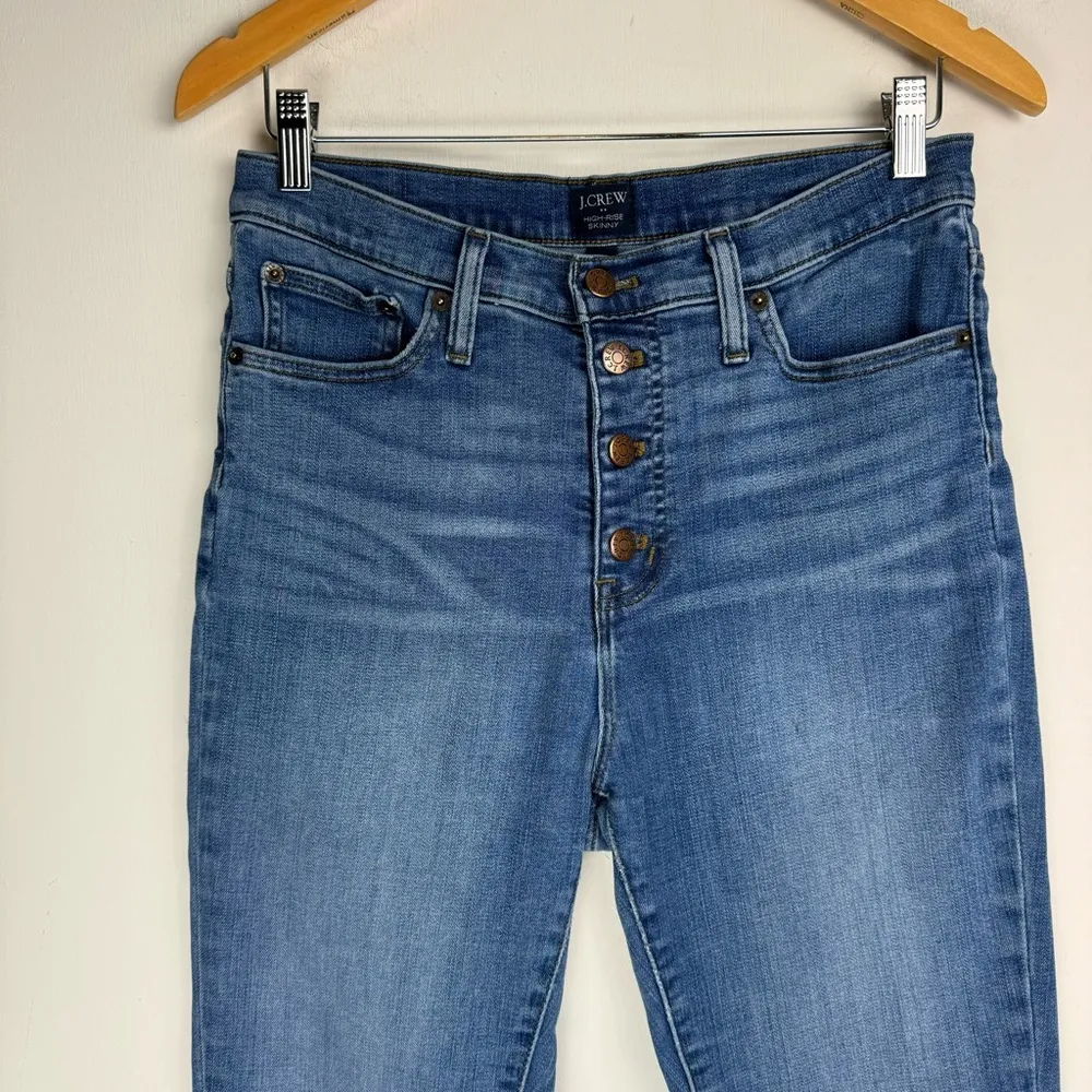 J. Crew High Rise Skinny Jeans Sz 29 Button Fly Stretch Medium Dark Wash Raw Hem - Image 5