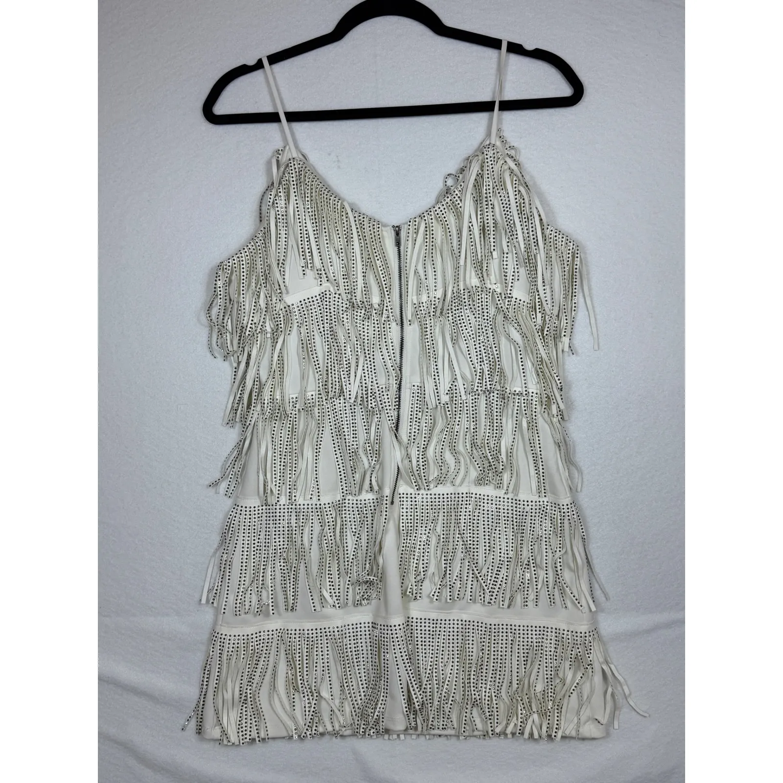 NYLON APPAREL Rhinestone Fringe Mini Dress White Spaghetti Strap Party Size M Size M - Image 4