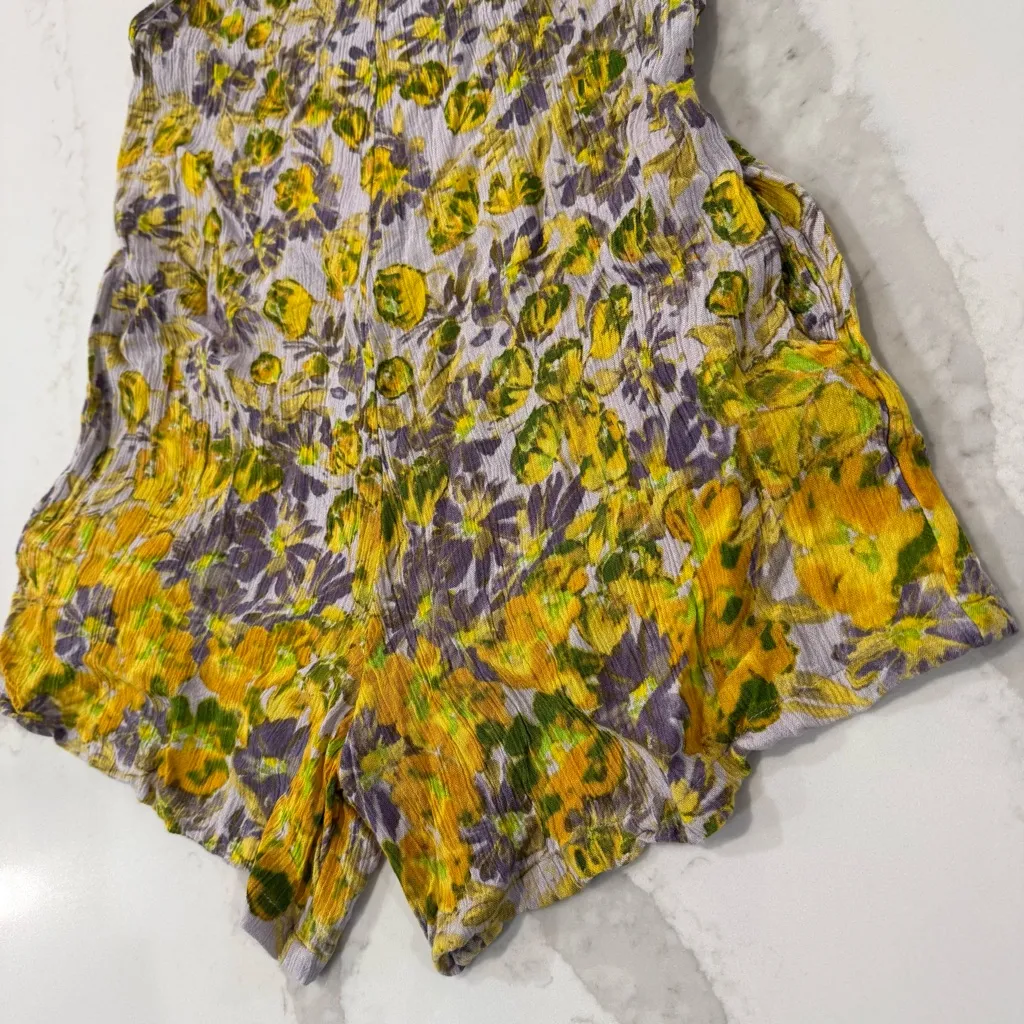 Free People One Floral V-Neck Romper Womens Small Purple/Yellow Pockets Bohemian - Image 3