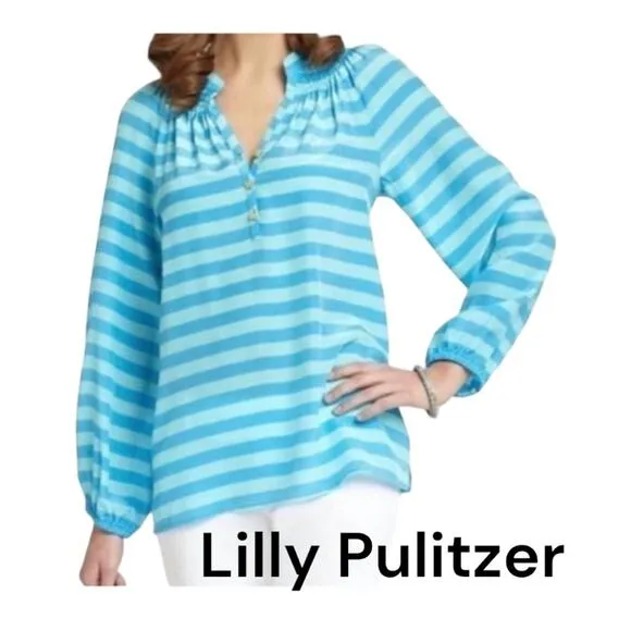 Lilly Pulitzer womens xs silk elsa top stripe blue coastal prep cute - Image 2