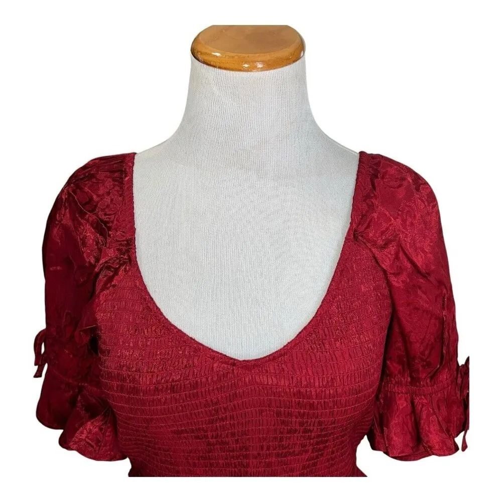 BOG Band Of The Free  LEA RHUBARB SMOCKED CROP TOP Medium Ruffle Red Puff Sleeve - Image 3