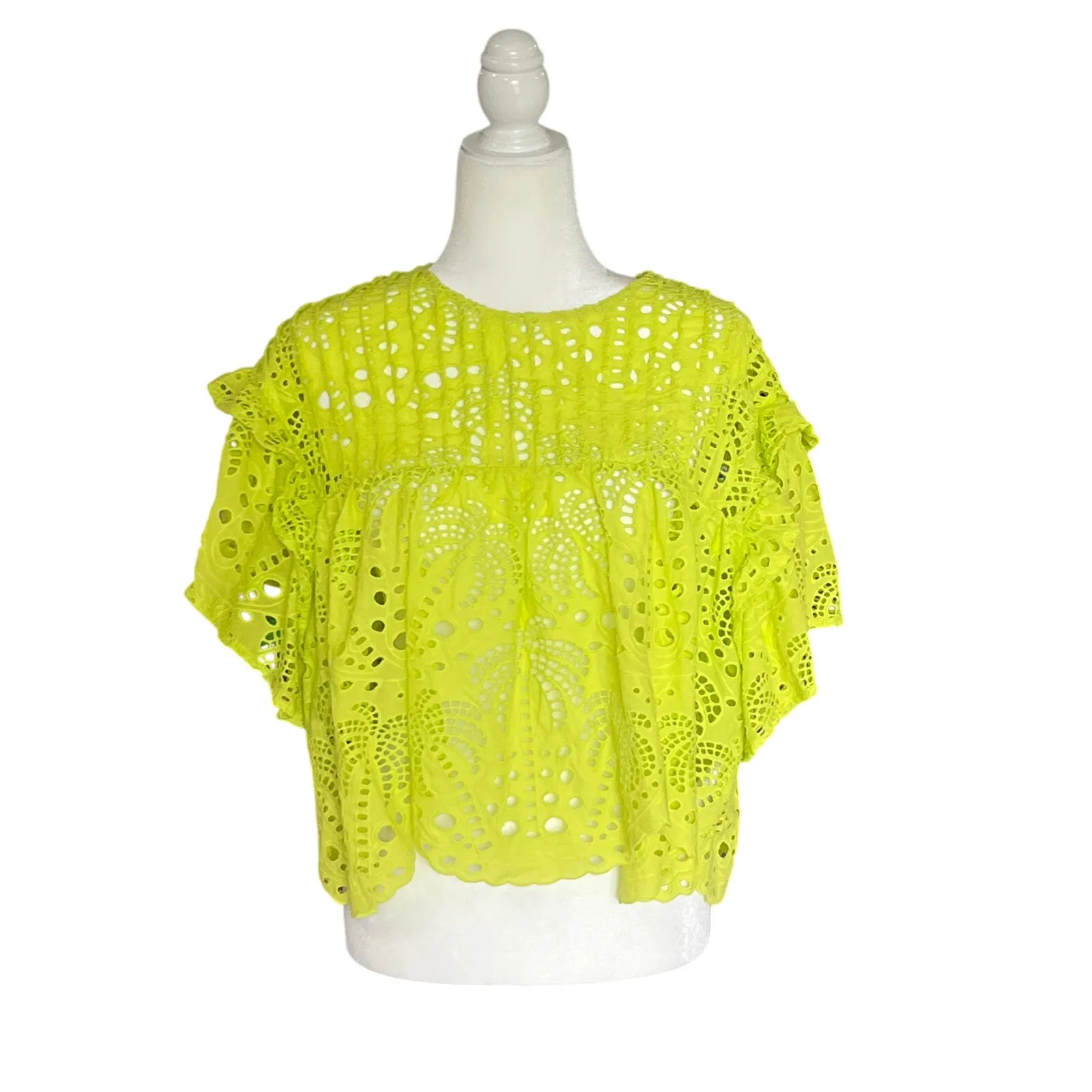 Farm Rio Lime Green Richilier Blouse Women's Size S Palm Tree Eyelet Ruffle $185 - Image 2