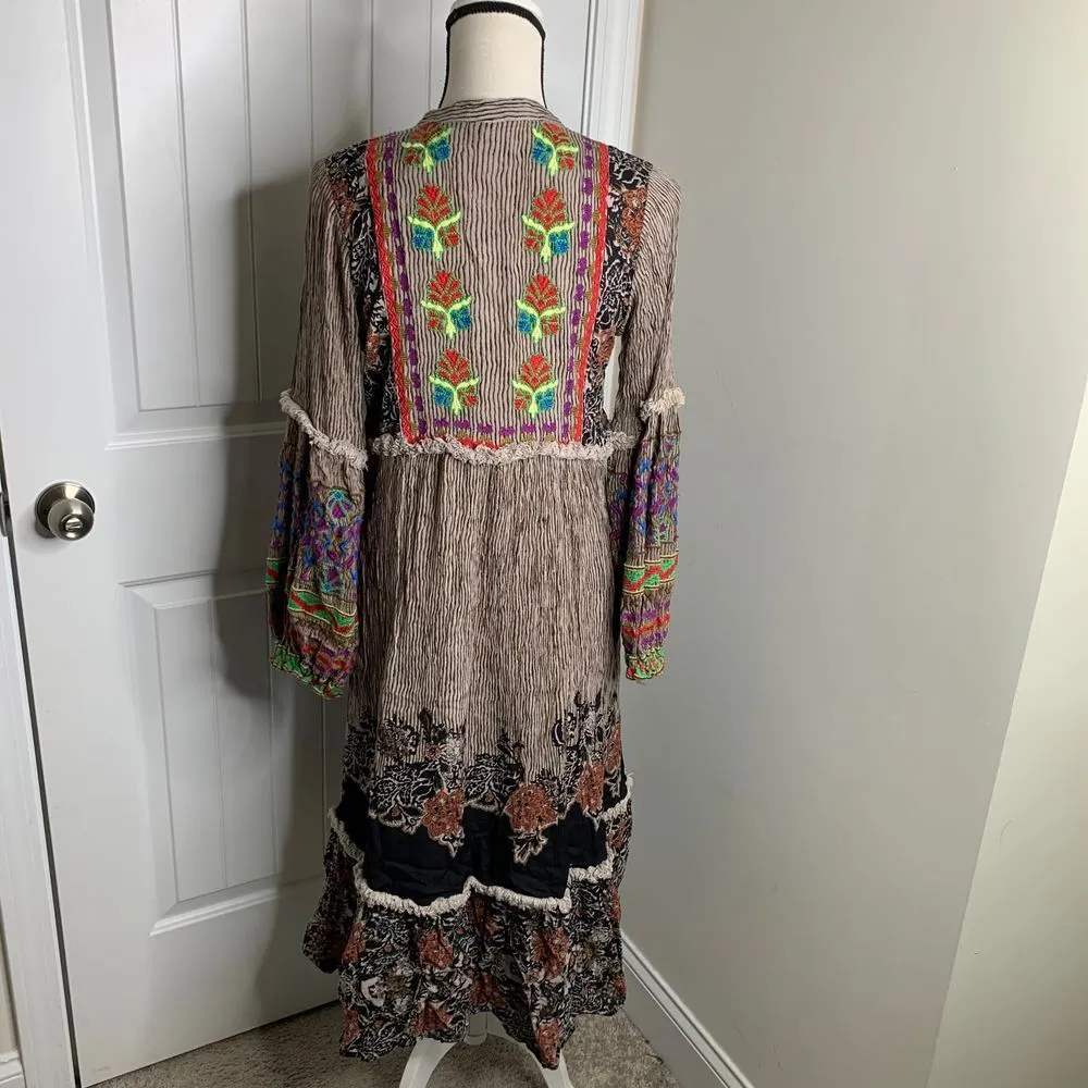Anthropologie Raga Boho Embroidered Maxi Dress Peasant Floral Tassel Cottagecore - Image 5
