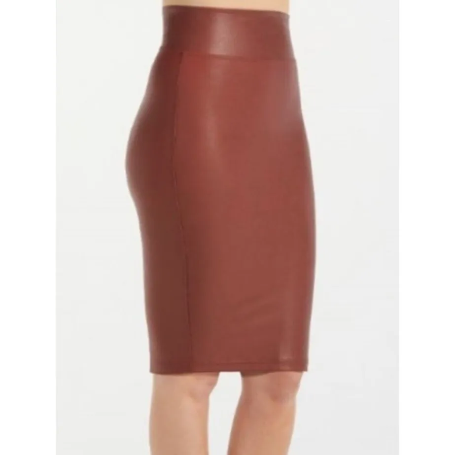 Spanx Pencil Skirt Sz L Brick Red High Waist Stretch Shaping Faux Leather - Image 4