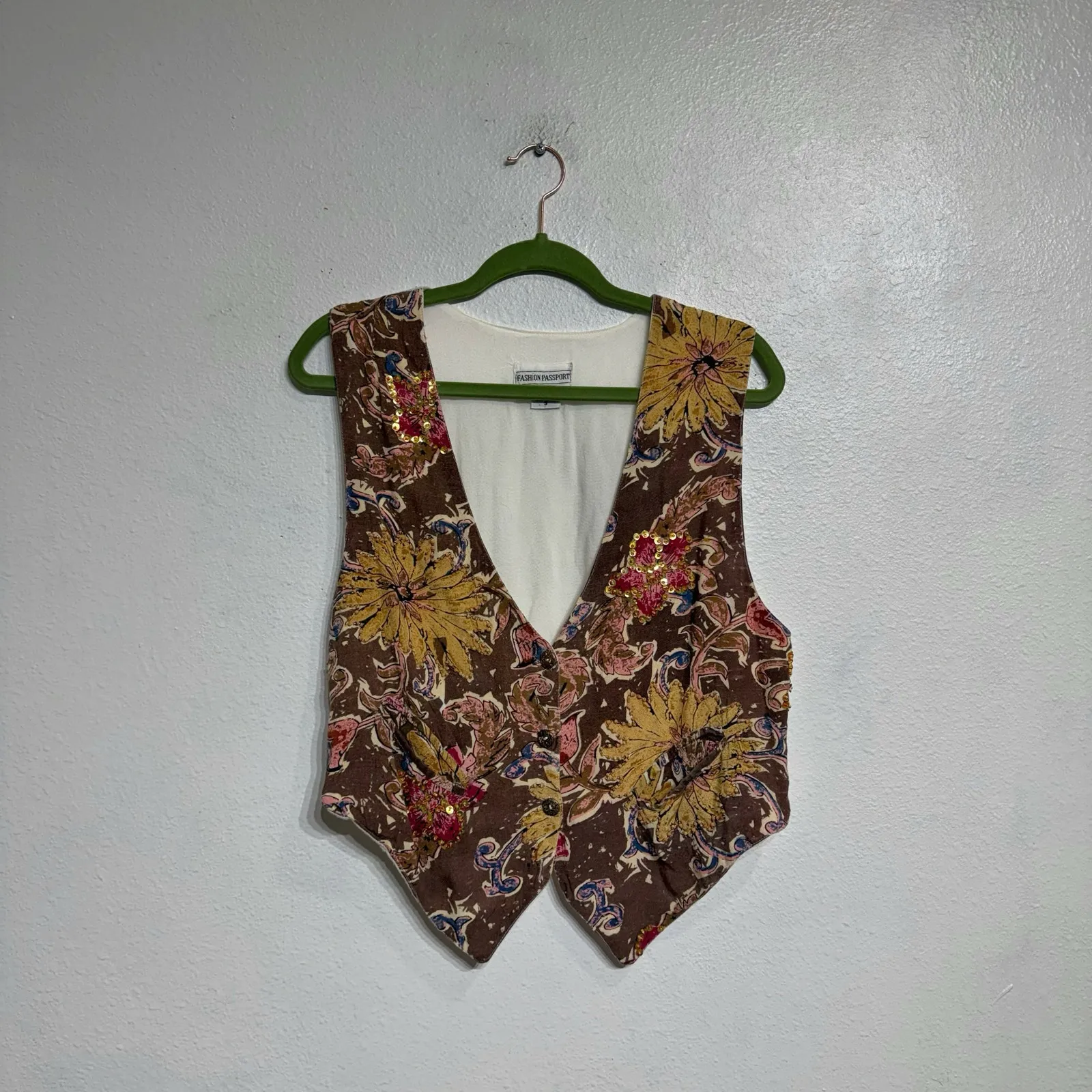 Fashion Passport Floral Beaded Vintage Vest Sz S Brown - Image 2
