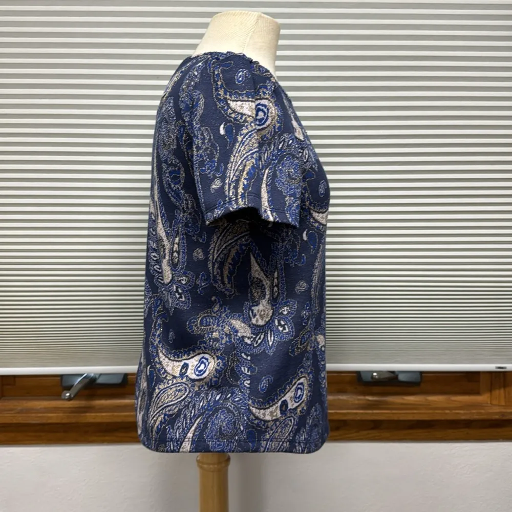 Anthropologie Demeter Blue Paisley Sparkly Puff Short Sleeve Knit Top Size XS - Image 7