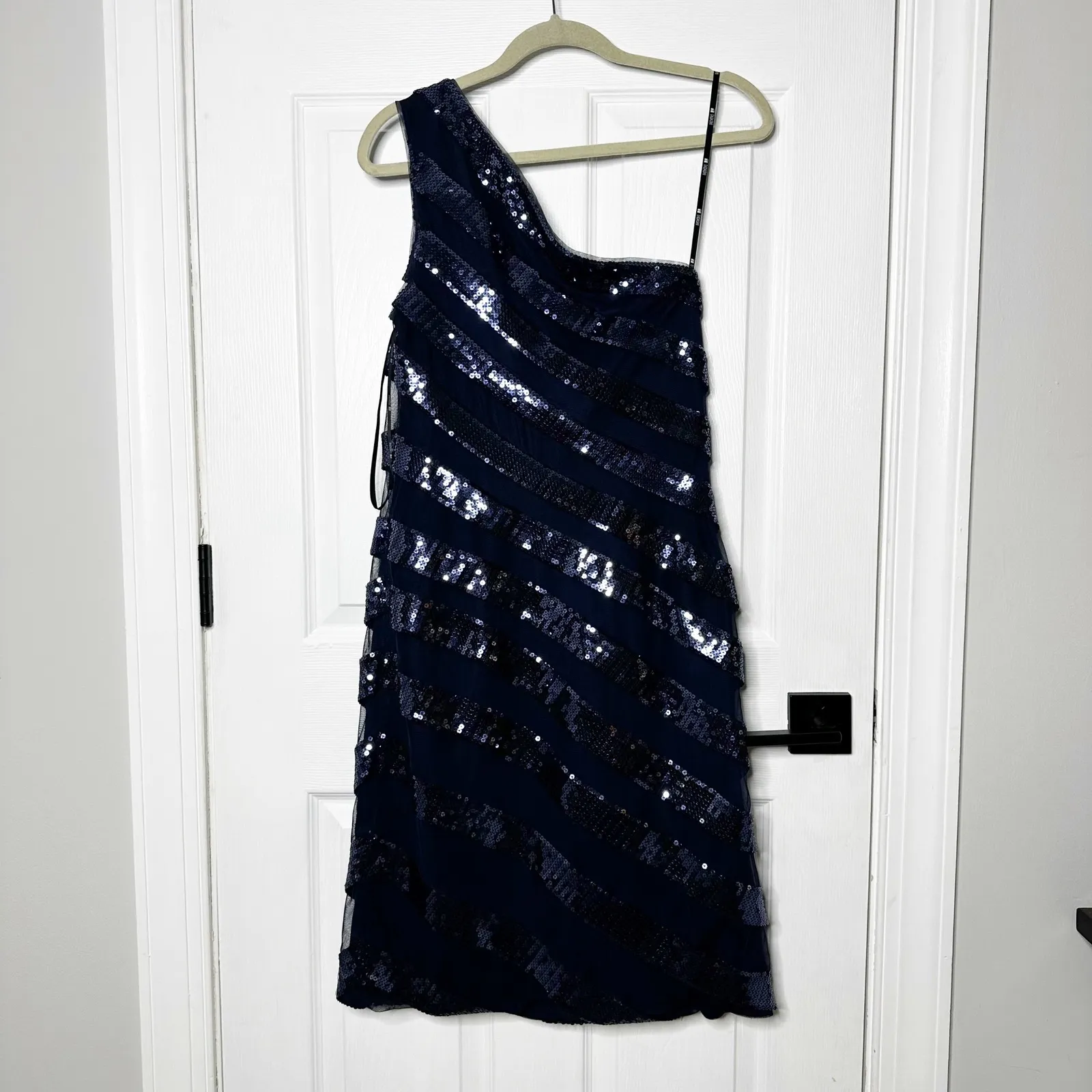 Tadashi Shoji Navy Blue Sequin One Shoulder Cocktail Dress Size 14 - Image 6