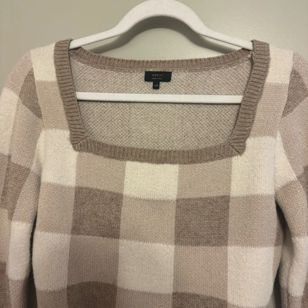 Debut Ultra-Soft Cropped Gingham Colorblock Sweater Top in Cream / Beige / Brown - Image 2
