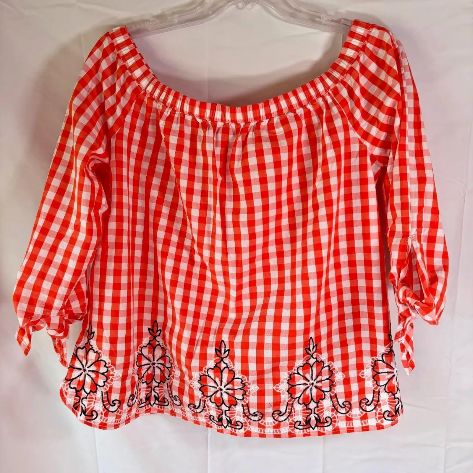 Crown & Ivy Petite Top Orange & White Gingham 3/4 tie sleeves Off Shoulder Sz PL - Image 2
