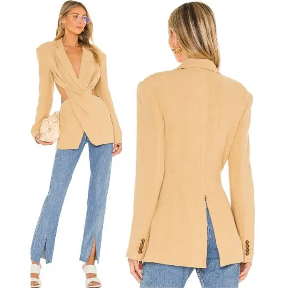 NWT L'Academie Emmy Twist Front Waist Cut-Out Padded Shoulder Blazer Tan Small - Image 2