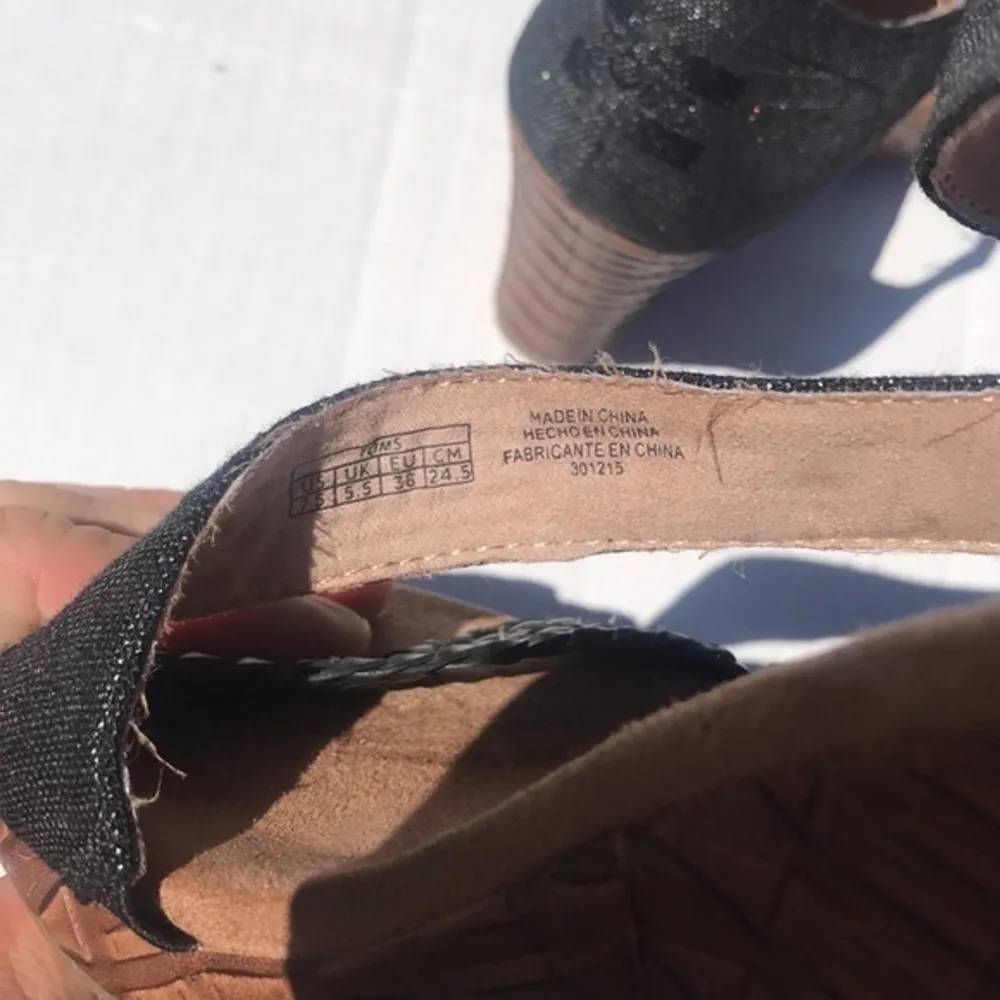 Toms Clarissa Black Braid Wedge Heel Sandals Black Metallic Linen Size 7.5 - Image 7