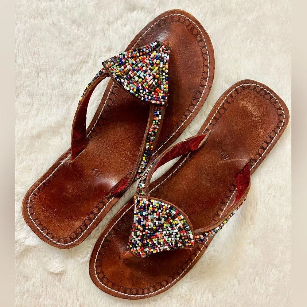 African Maasai Multicolored Beaded Flip Flop Sandals Size 40/9 Brown - Image 2