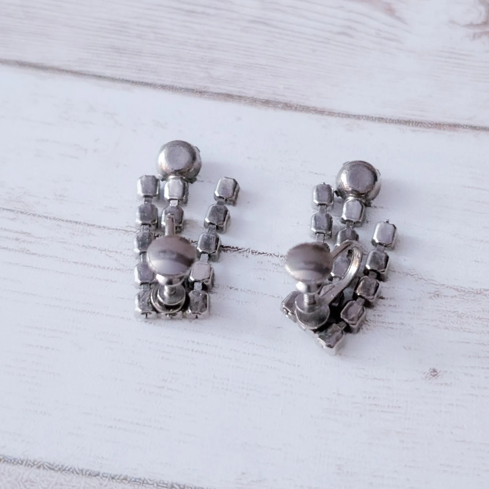 Vintage Screw On Earrings Light Blue Gems Three Row Dangle - Image 5