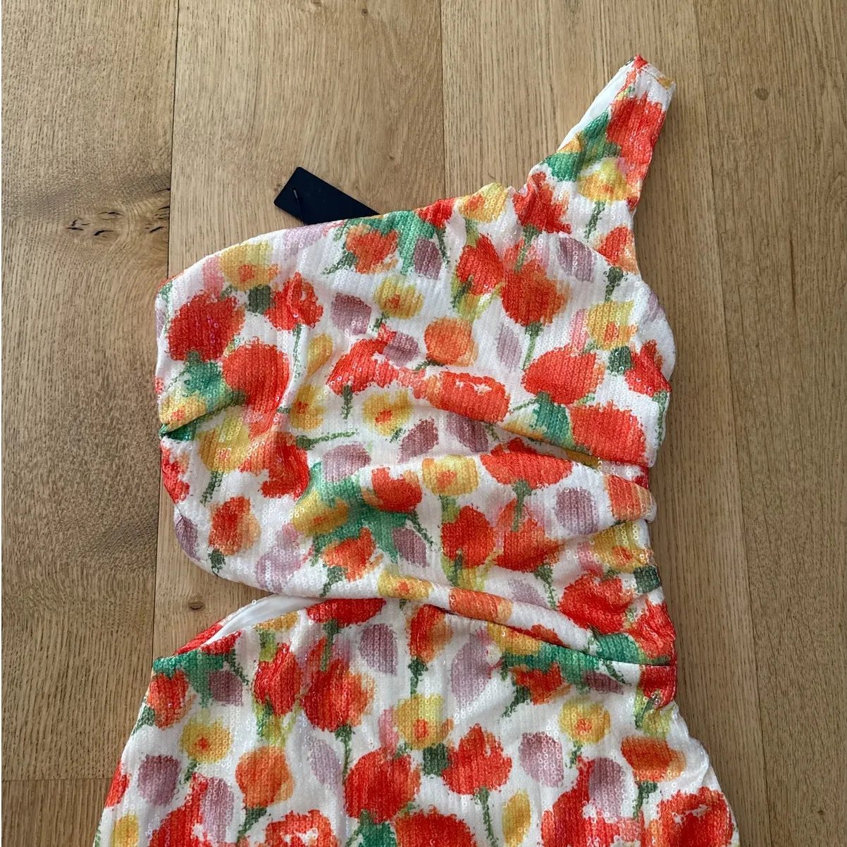 Lulu's Mini Dress One Shoulder Sequins Floral Carissa White Orange Green - Image 2