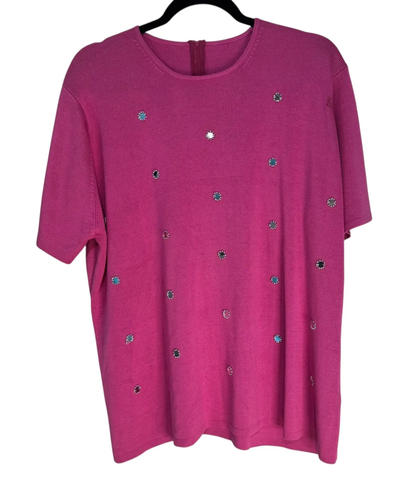 Hot Pink Rhinestone Embellished Knit Top Short Sleeve Zipper Back Women's Plus Size XXL - Image 1