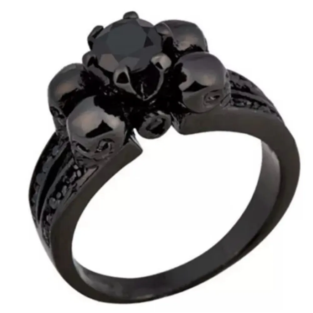 Unisex 4 Skull Design Black Zircon Wedding Ring Black Gold Party Jewelry Size 7 - Image 2