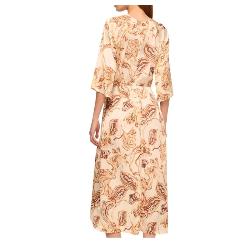 Misa Adina Dress in Golden Straw Satin Midi Tulip Hem 3/4 Sleeve S - Image 5