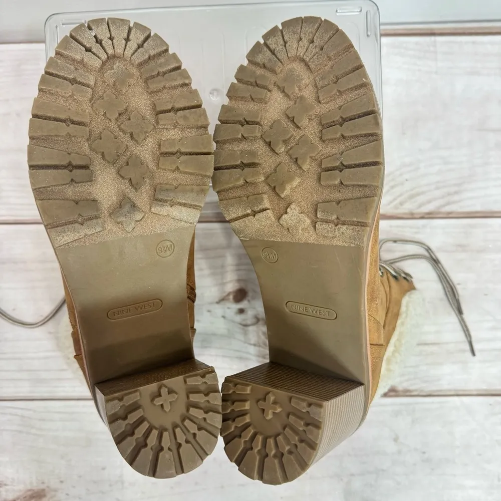 Nine West Penni Tan Faux Leather and Shearling Heeled Lace Up Boots Size 9.5 - Image 12