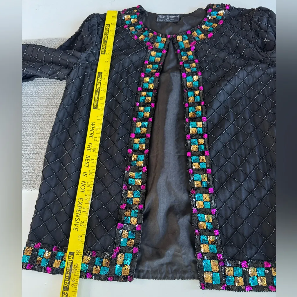 Vintage Royal Feelings Black Silk Beaded Sequin Jacket Jewel Tones Size Medium - Image 9