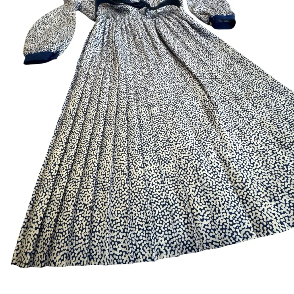 Vintage Hal Hardin Long Sleeve Navy & White Pleated Dress W/ Belt & Gold Buttons Blue Size 14 - Image 12