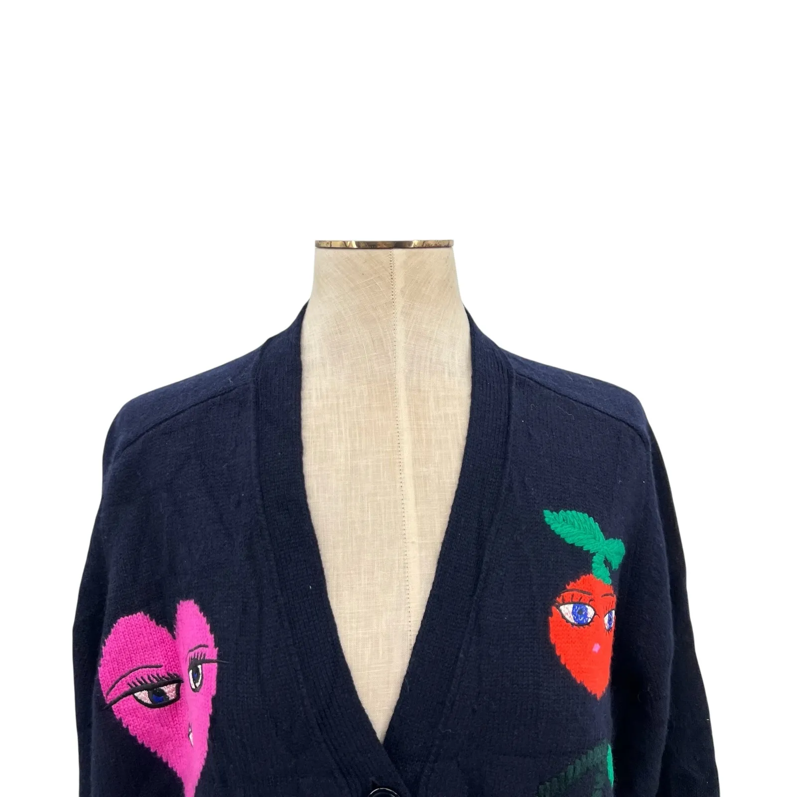 Maison Common Cardigan Sweater Fruit Print Navy Blue Merino Cashmere Size Medium - Image 2