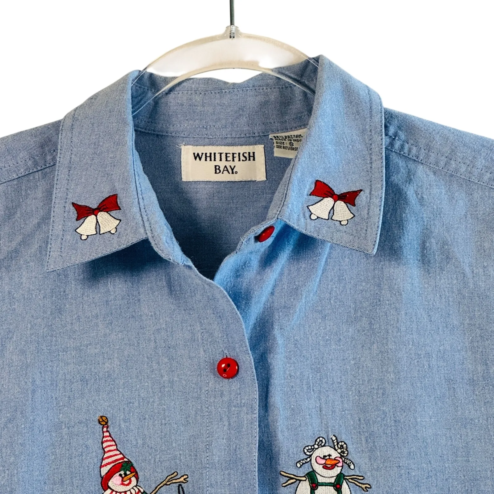Vtg Christmas Snowman Shirt Chambray Denim Holiday Button Down Top S Festive Blue - Image 11