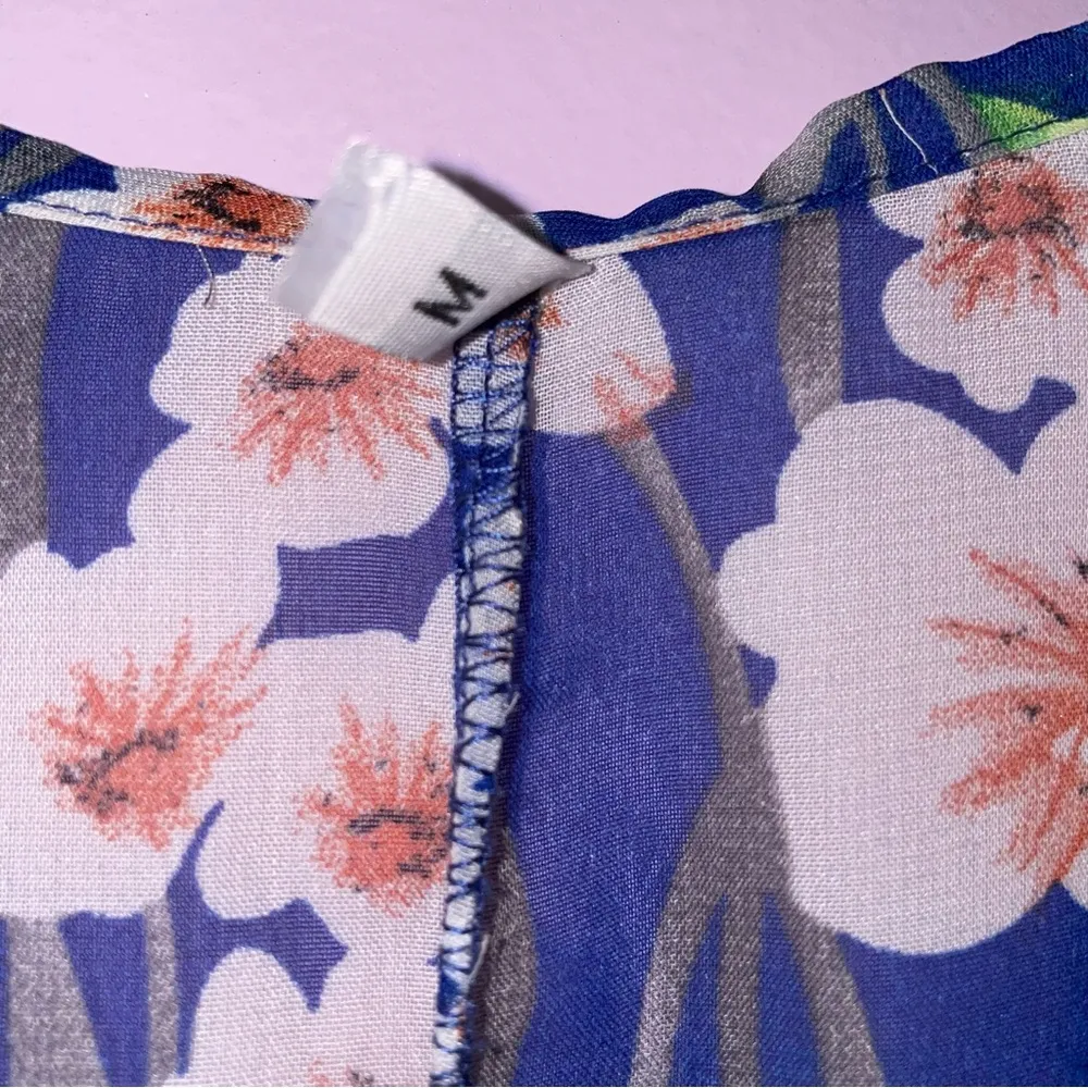 Chiffon Cardigan M Blue Floral Print Dolman Sleeve Open Front Swim Cover Up Size M - Image 6