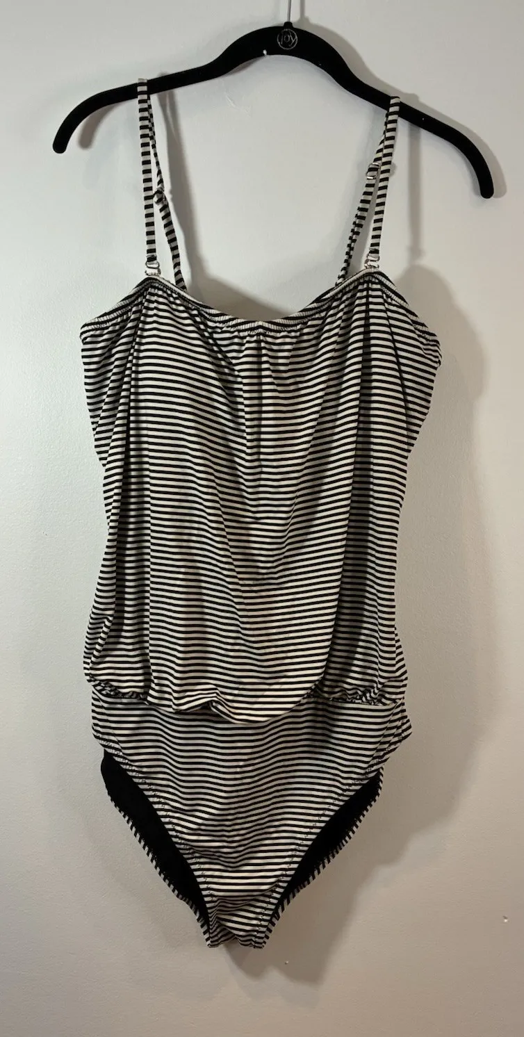 Garnet Hill Blouson Side Rouched Black & White Swimsuit Size 14 Elastic Waist - Image 1