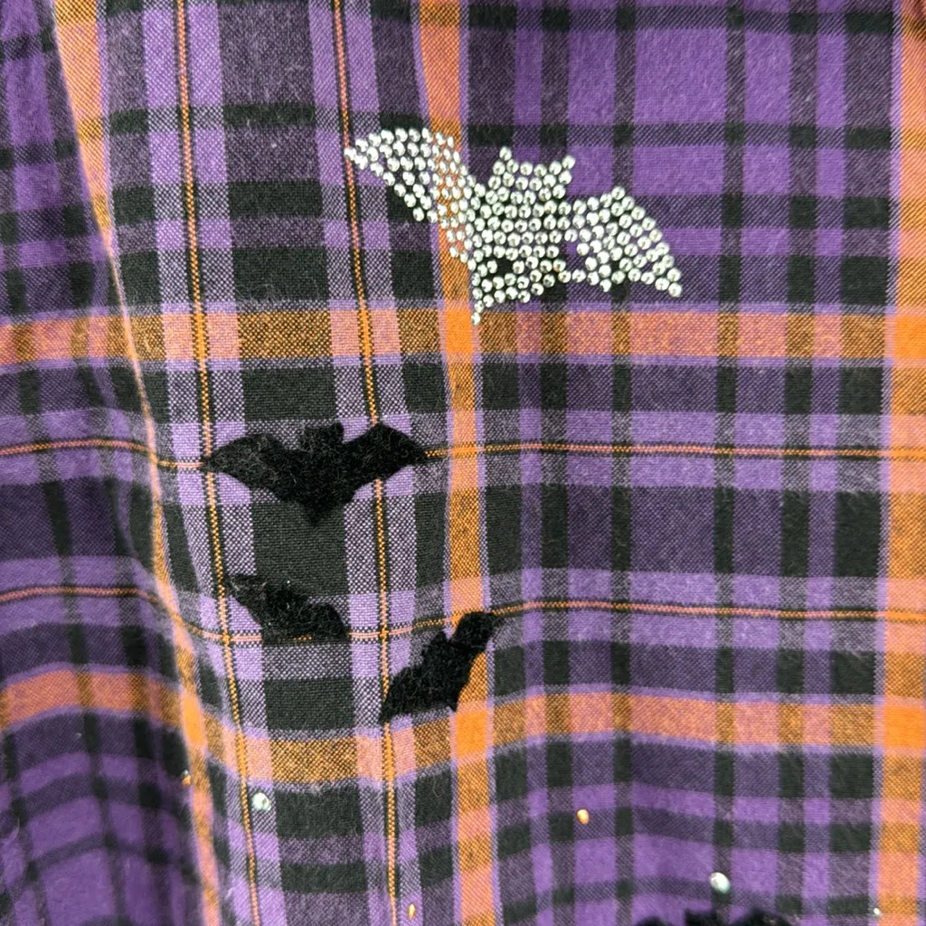 Krazy Kat Purple Orange Plaid Halloween embellished Button Down Shirt XXL bats - Image 6